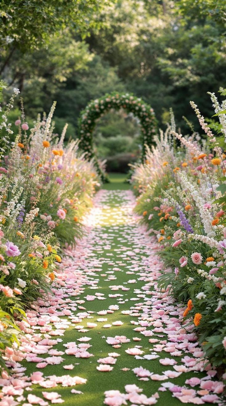 21 Dreamy Garden Wedding Decor Ideas 12 4. Wildflower aisle with soft pastel floral arrangements-1