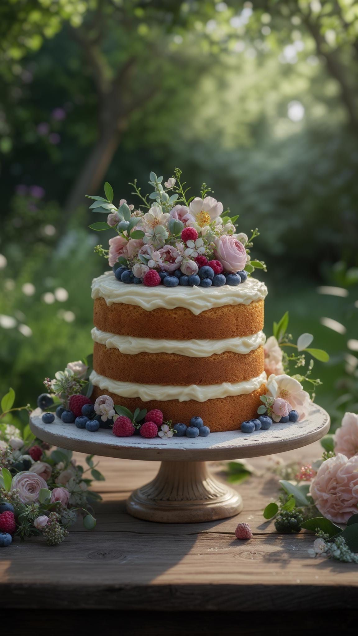 21 Dreamy Garden Wedding Decor Ideas 51 19. Naked wedding cake adorned with fresh berries and flowers-0