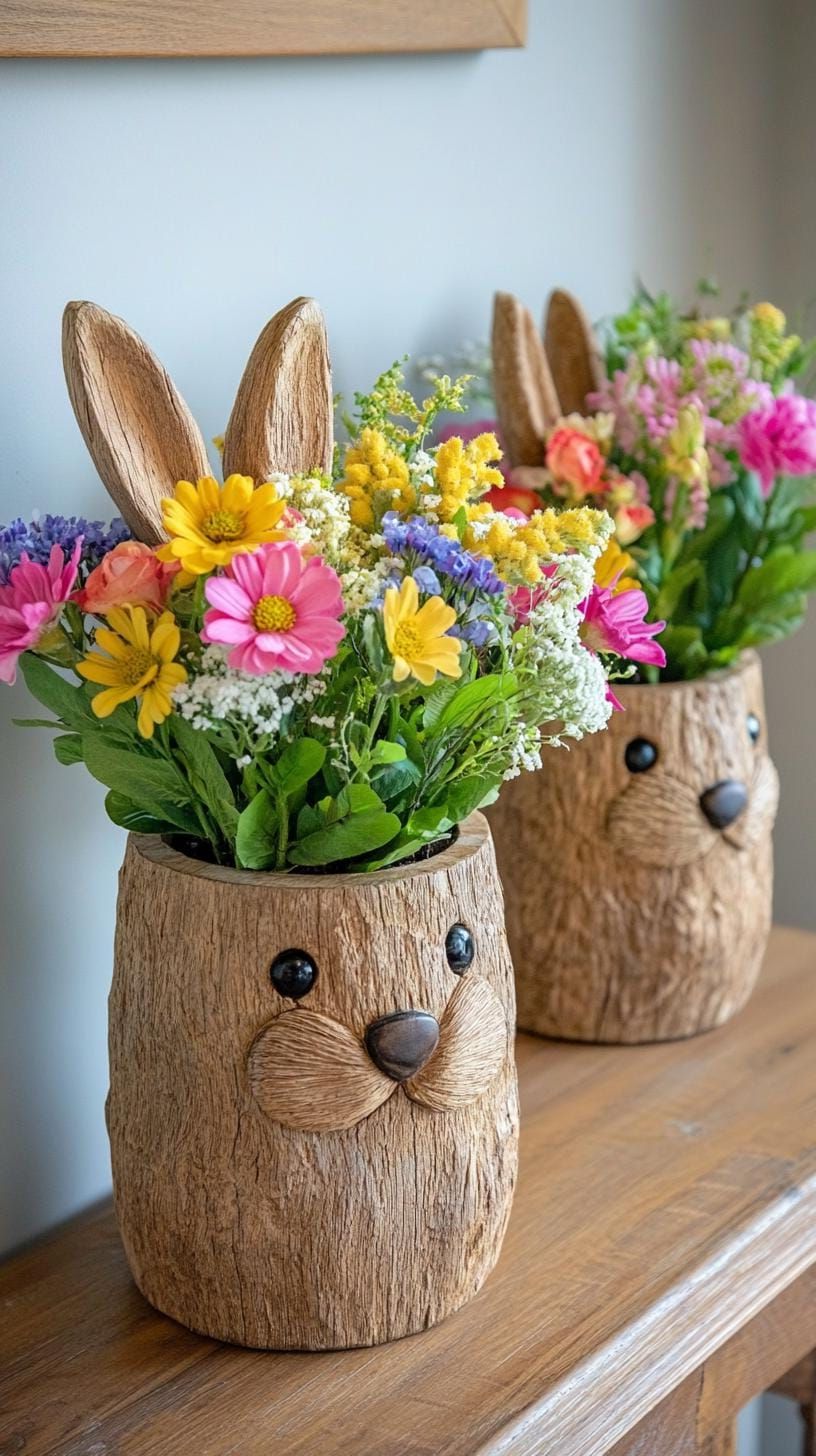 7. Rustic wooden bunny planters with spring flowers-1