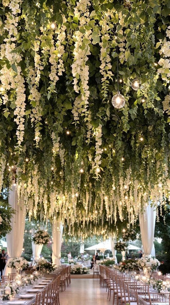 21 Dreamy Garden Wedding Decor Ideas 29 10. Ceiling installation with greenery and soft glowing lights-0