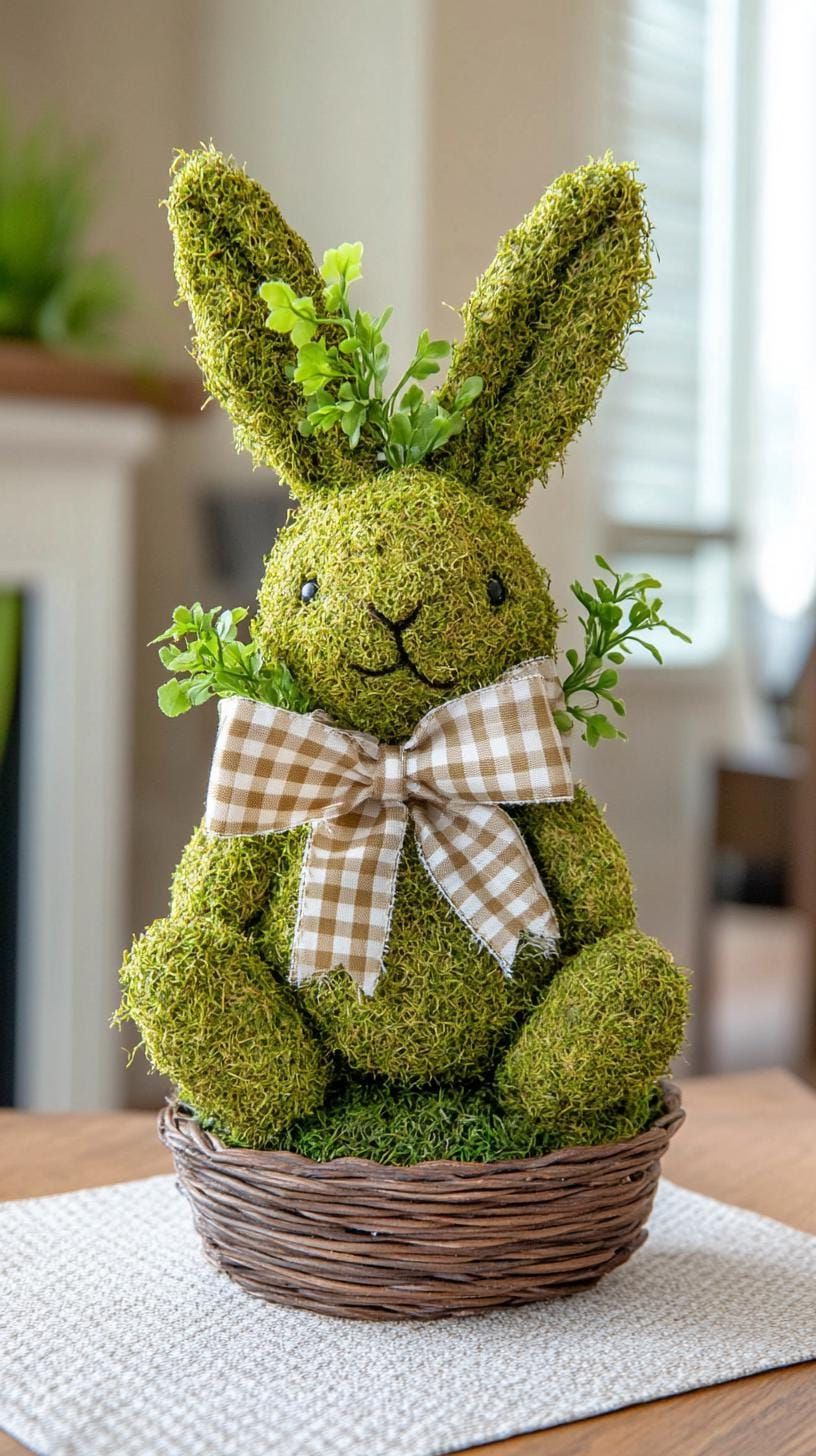 13. Moss-covered bunny decoration with gingham bow-2