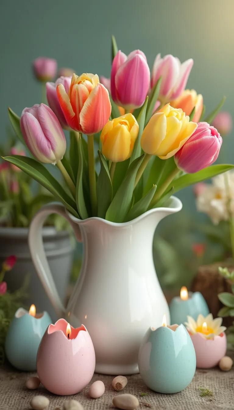 16 Best Easter Centerpieces to Elevate Your Table Decor in 2025 9 4. Tulip-filled pitcher with pastel egg candle holders-1