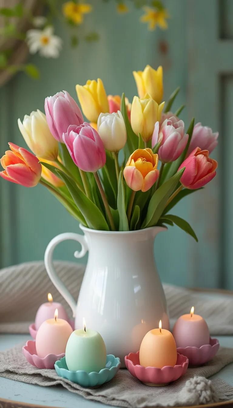 16 Best Easter Centerpieces to Elevate Your Table Decor in 2025 8 4. Tulip-filled pitcher with pastel egg candle holders-0