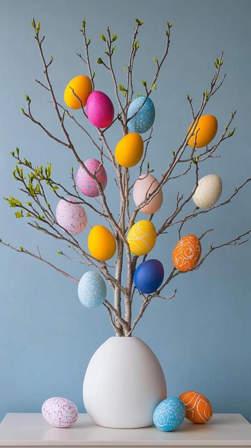 21 Trendy Easter Decor Ideas For 2025 34 13. Easter tree with painted eggs in minimalistic style-0