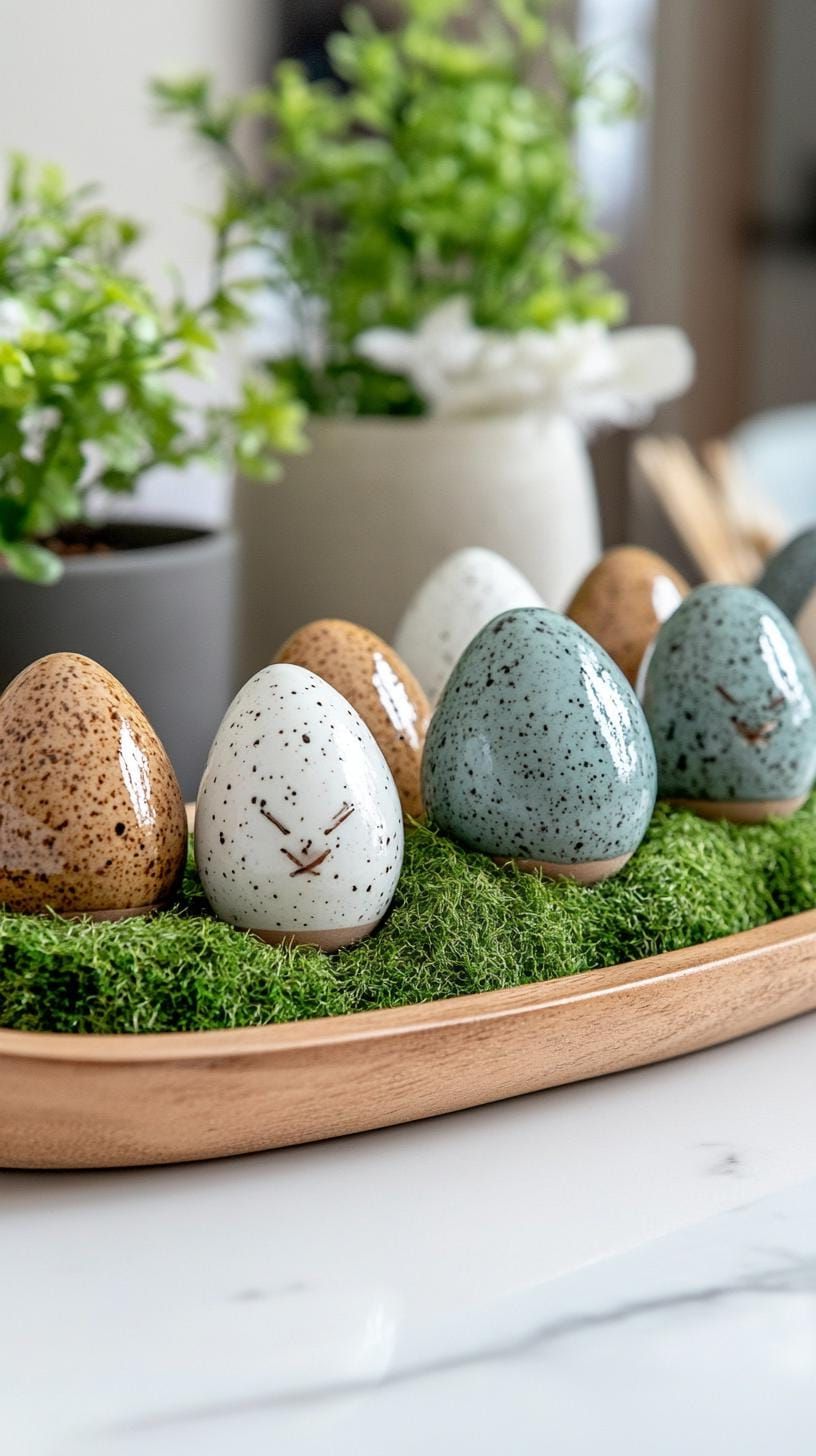 21 Trendy Easter Decor Ideas For 2025 50 18. Moss-lined tray with ceramic bunnies and eggs-2