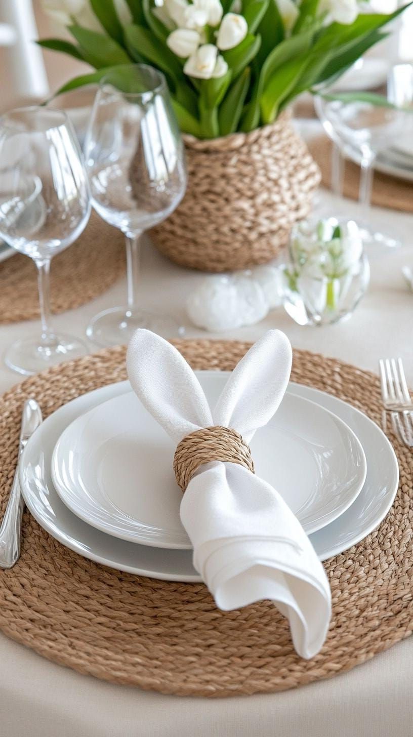 21 Trendy Easter Decor Ideas For 2025 14 5. Elegant Easter table with bunny ear napkins-2