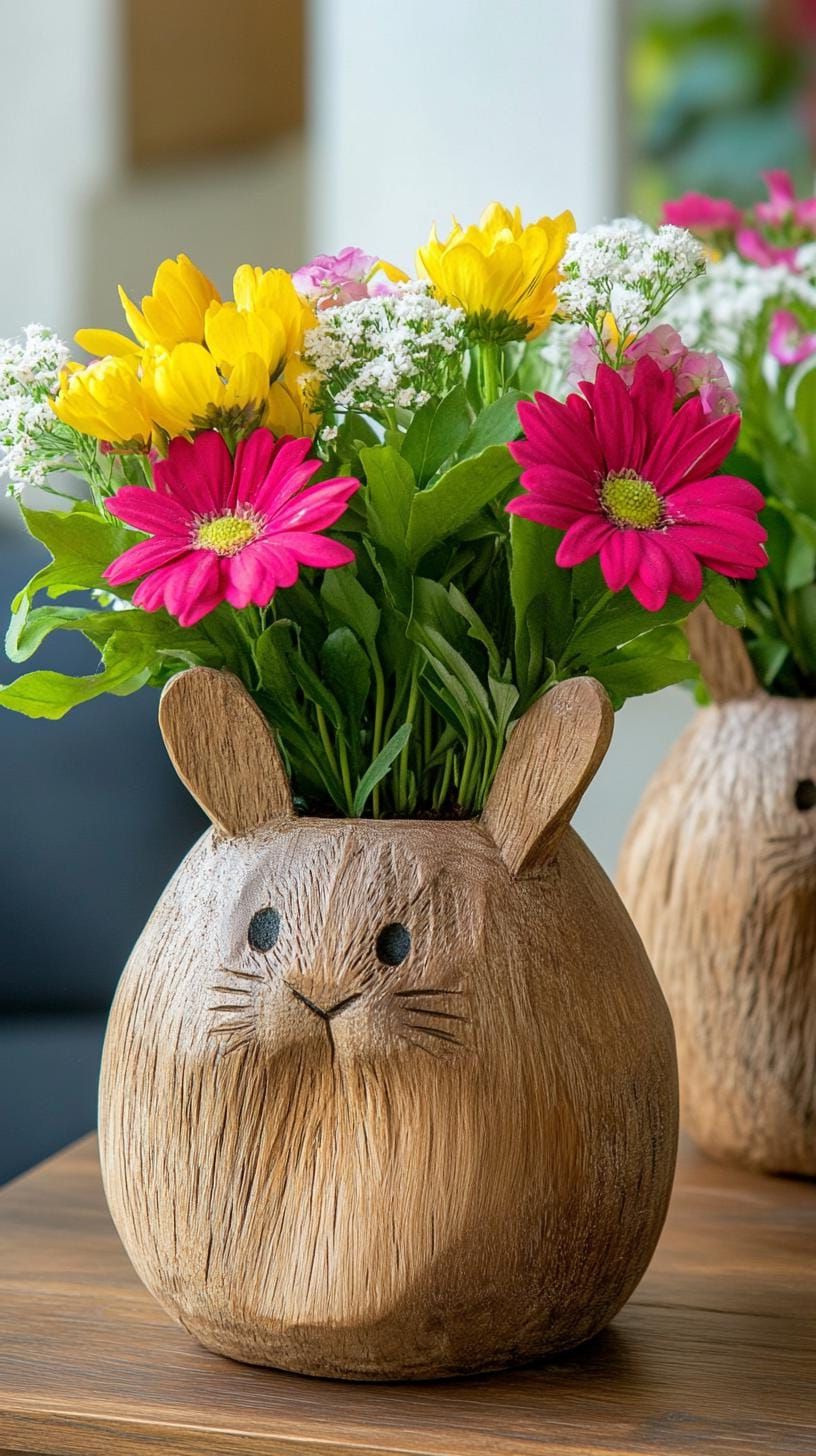 7. Rustic wooden bunny planters with spring flowers-0