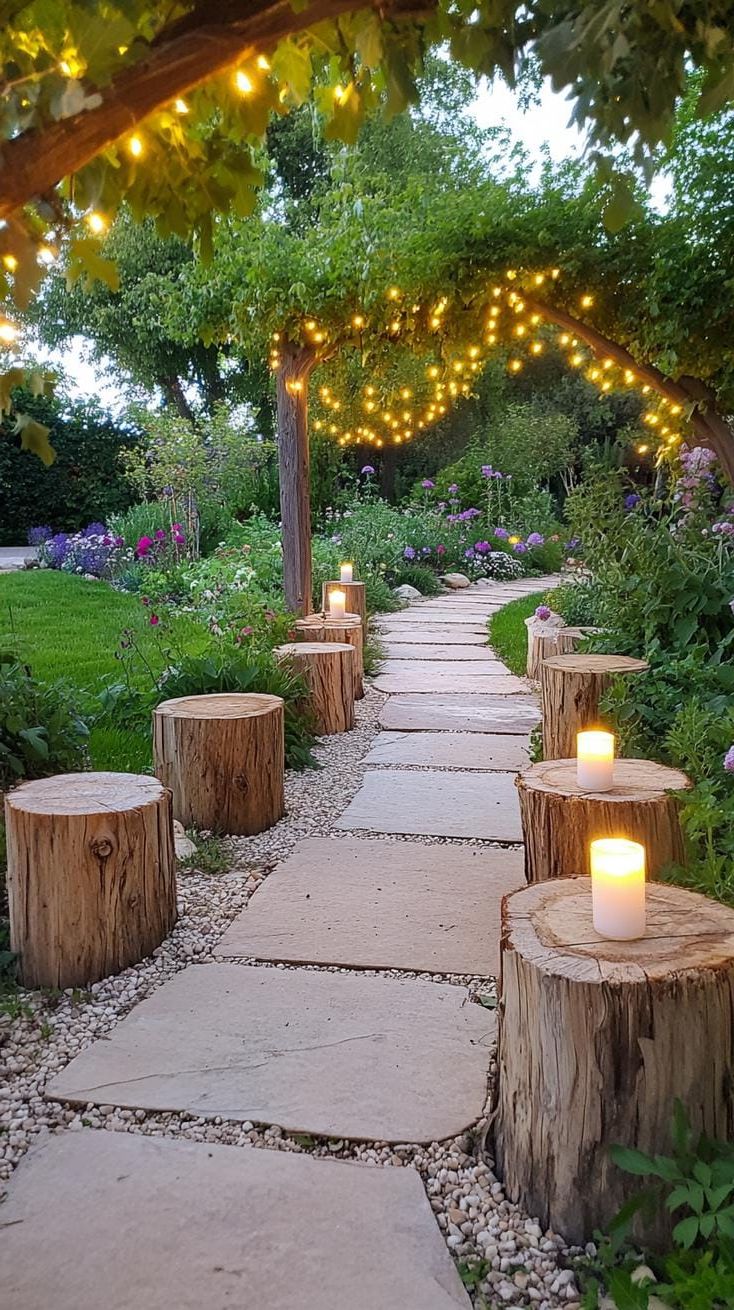 21 Dreamy Garden Wedding Decor Ideas 3 1. Fairy-lit garden pathway with candle-lit wooden stumps-0