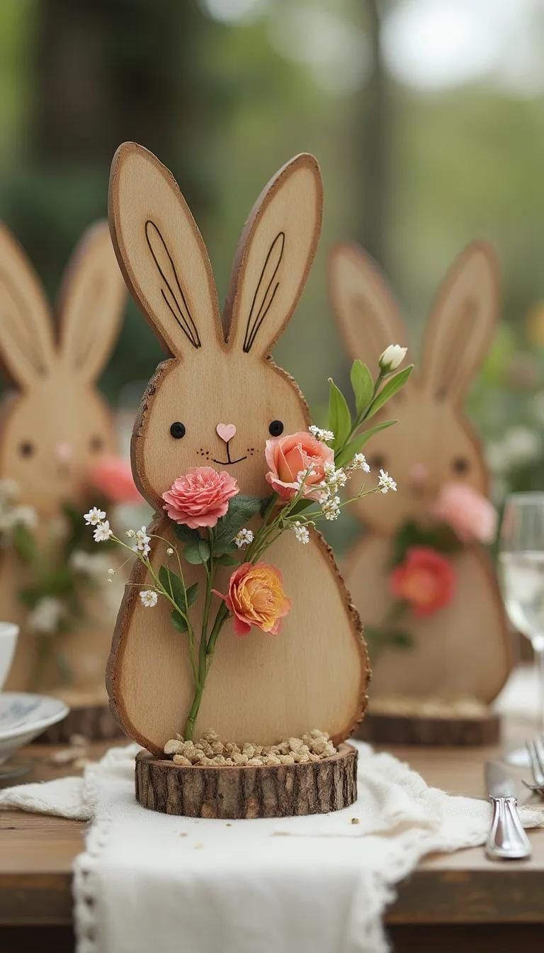 21 Trendy Easter Decor Ideas For 2025 31 12. Wooden bunny place settings with floral accents-0