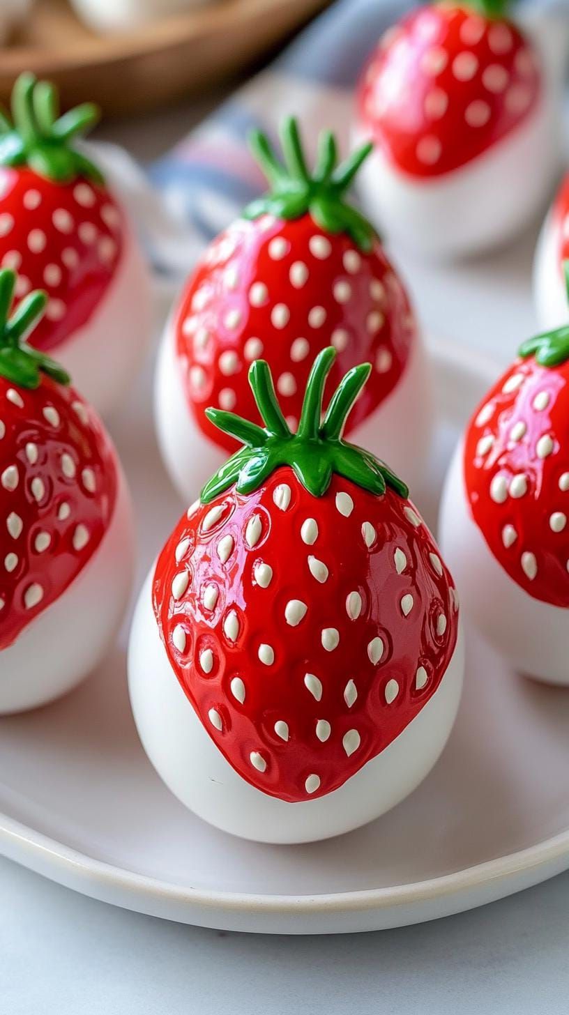 15. DIY strawberry-themed Easter eggs with cute leaves-1