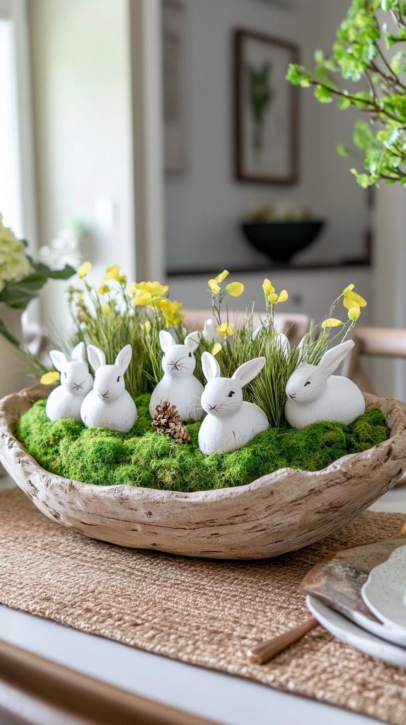 16 Best Easter Centerpieces to Elevate Your Table Decor in 2025 24 9. Dough bowl centerpiece with moss and white bunnies-2