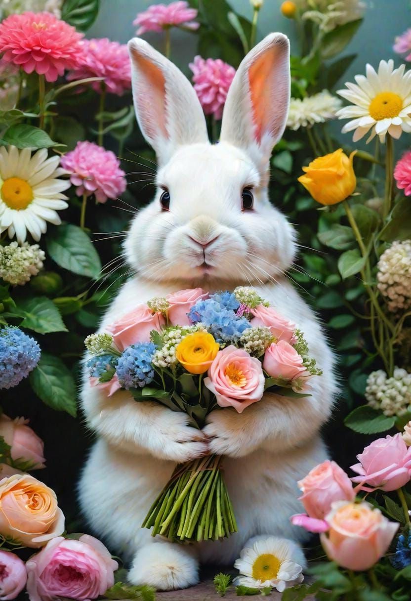 2. Bunny holding a bouquet of pastel flowers-2