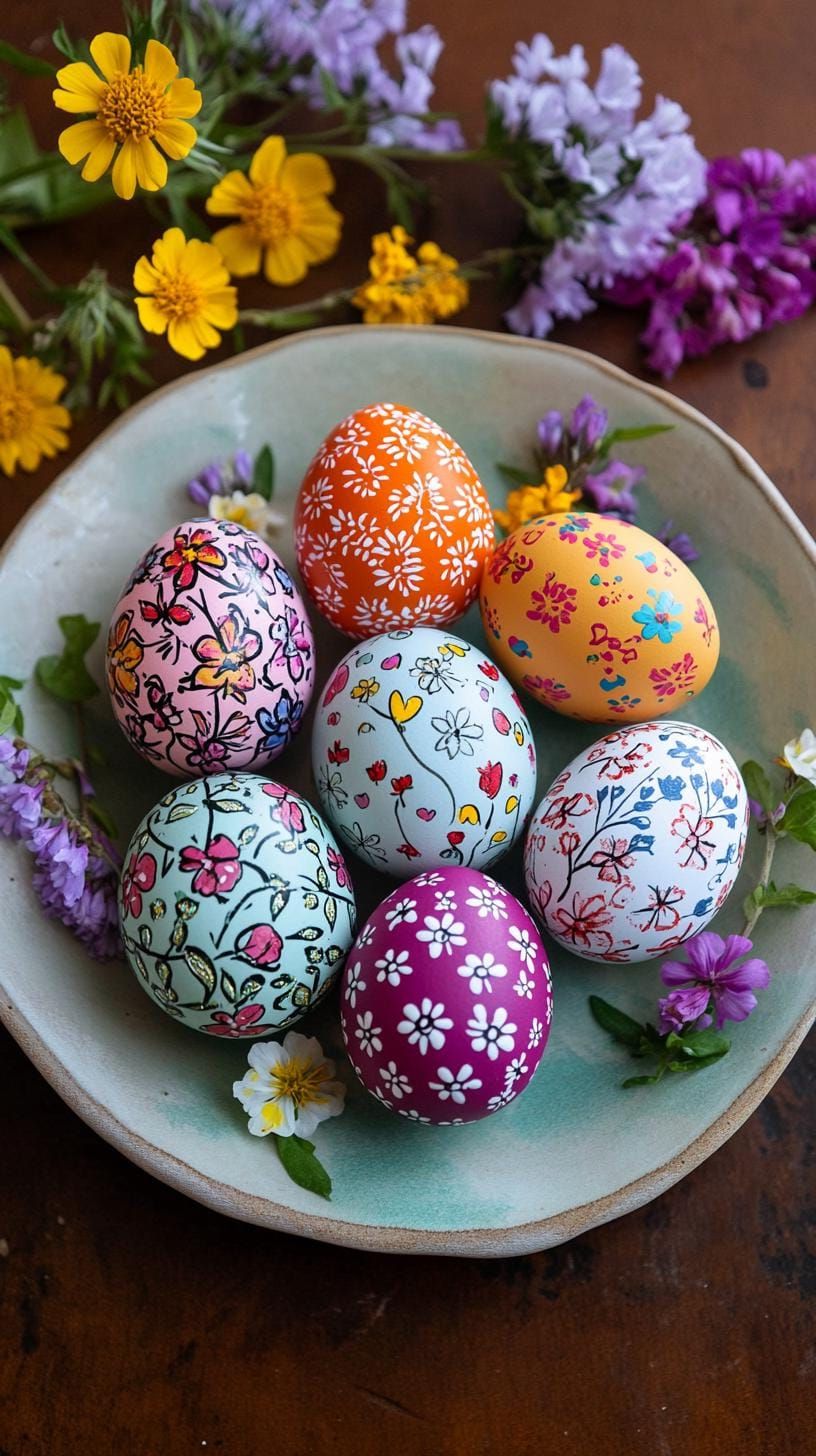 21 Trendy Easter Decor Ideas For 2025 52 19. Floral Easter egg arrangement with bright wildflowers-1