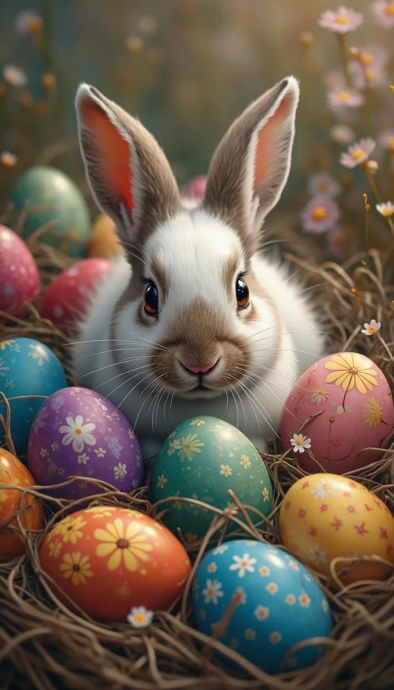 19. Whimsical bunny nestled among painted eggs-1