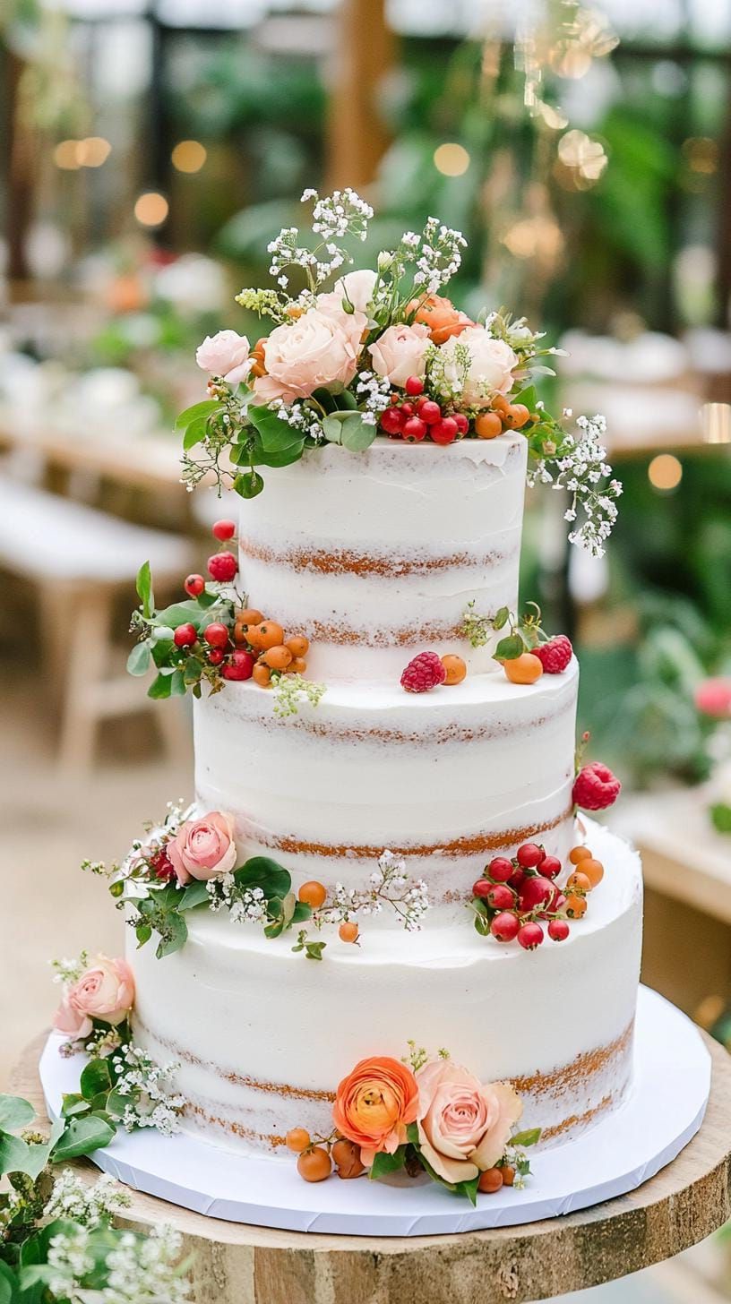 21 Dreamy Garden Wedding Decor Ideas 53 19. Naked wedding cake adorned with fresh berries and flowers-2