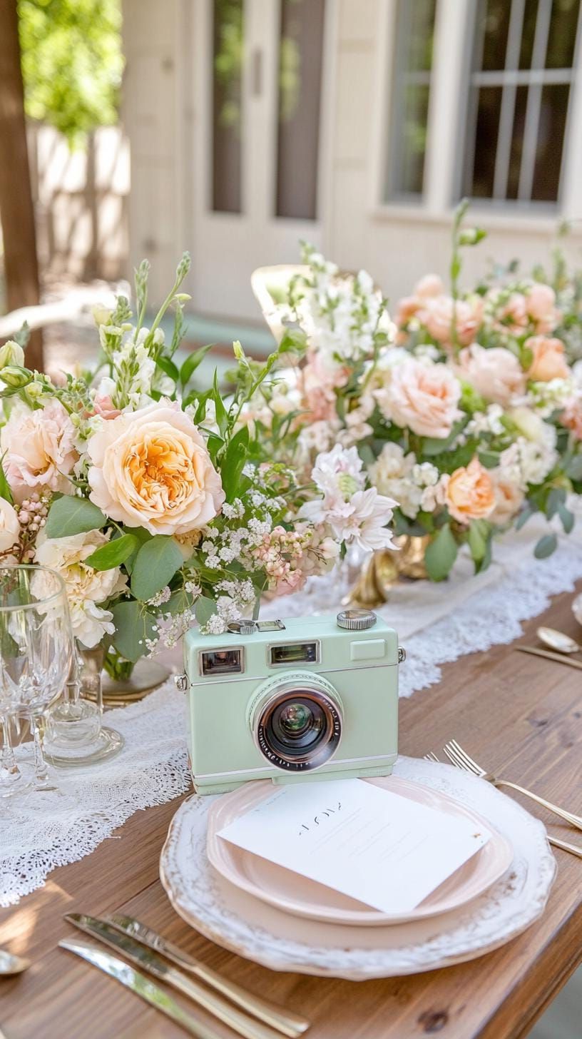 21 Dreamy Garden Wedding Decor Ideas 17 6. Vintage-inspired wedding guest table with instant cameras-1