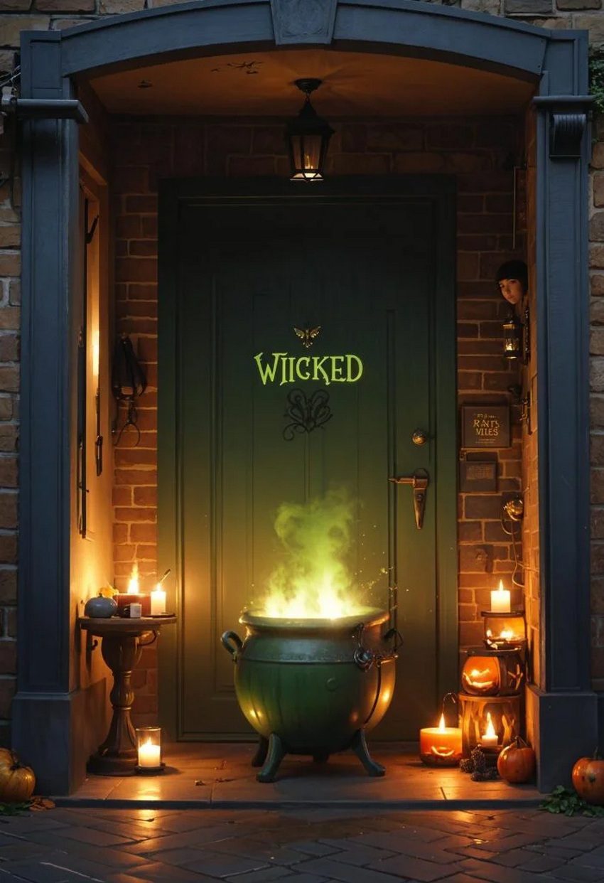 20 Unique Halloween Door Decorations For a Spooky Entrance 26 10. Cauldron Entrance Halloween Decor 3