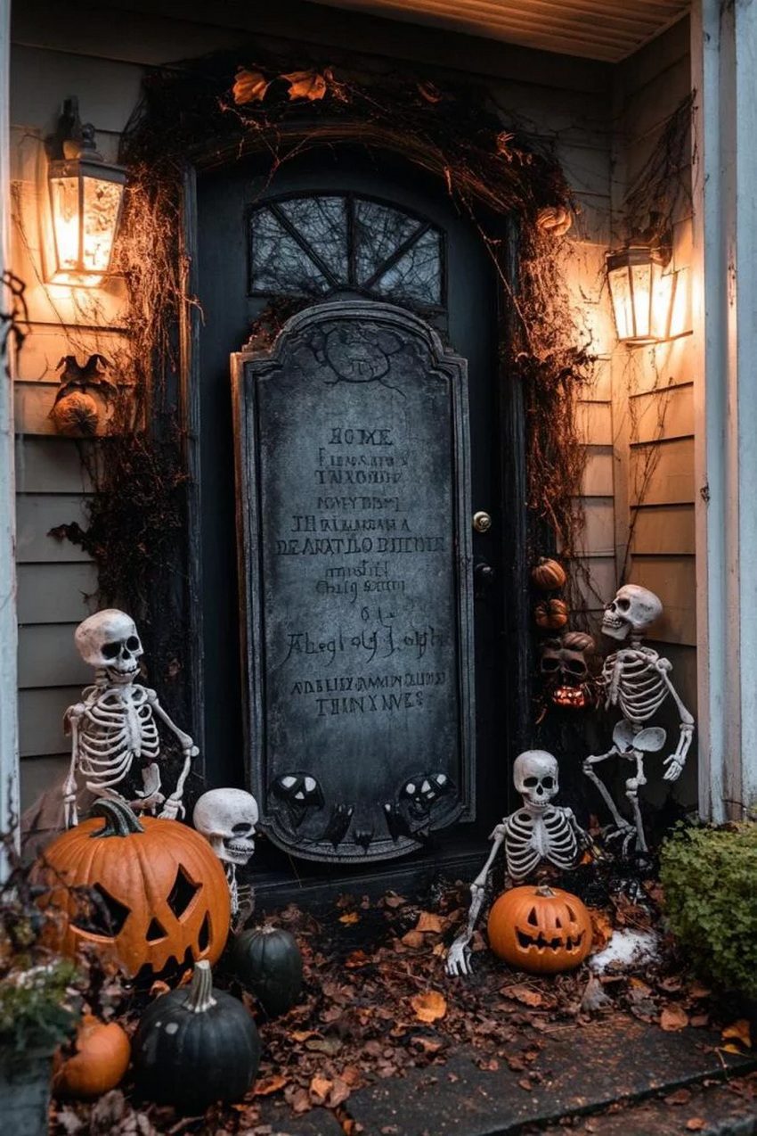 20 Unique Halloween Door Decorations For a Spooky Entrance 6 2. Giant Tombstone Door Cover 2