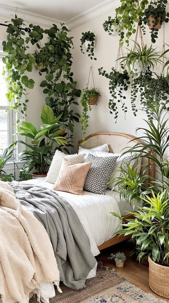 20 Gorgeous Boho Bedroom For Teens: Ideas For 2025 21 7. Bohemian Green Oasis: Add potted ferns, succulents, and hanging plants throughout to bring nature into the boho aesthetic-1