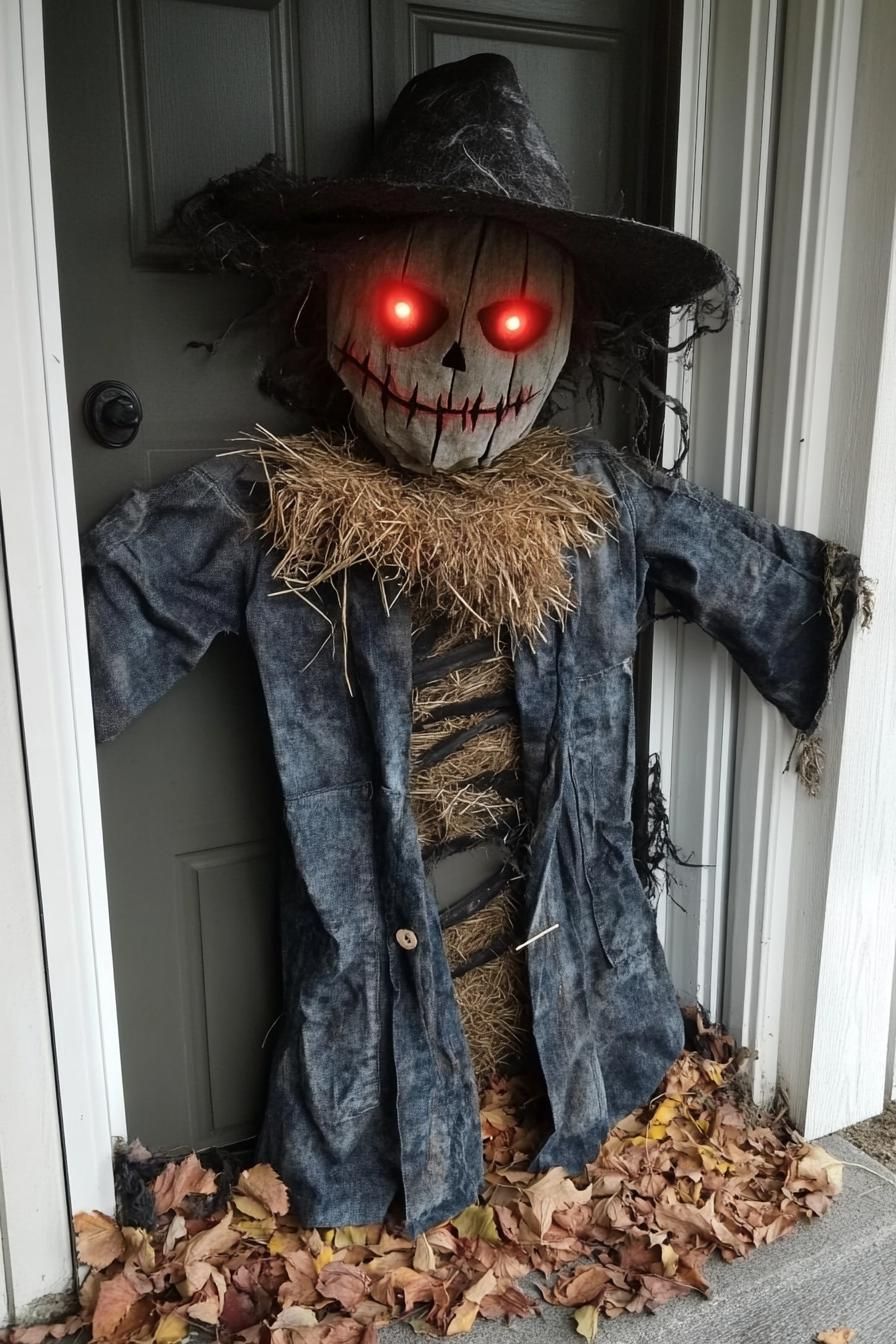 20 Unique Halloween Door Decorations For a Spooky Entrance 3 1. Scarecrow Guarding with Glowing Eyes-1