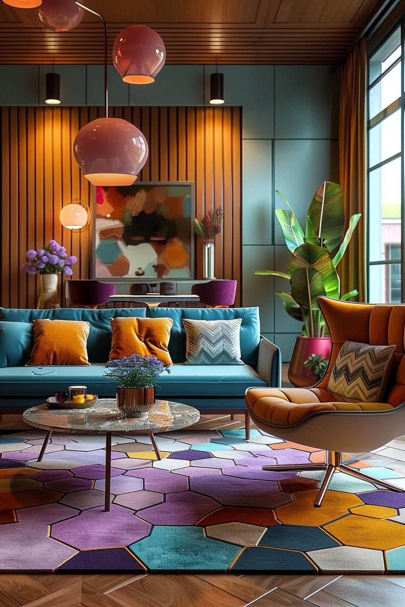 18 Colorful Mid Century Modern Living Room Designs 7 2. Vibrant Geometric Rug Selections