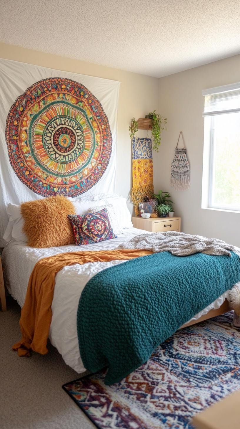 20 Gorgeous Boho Bedroom For Teens: Ideas For 2025 42 14. Tapestry Wall Mural: Choose a large colorful or neutral tapestry to fill a wall, acting as an intriguing centerpiece-2