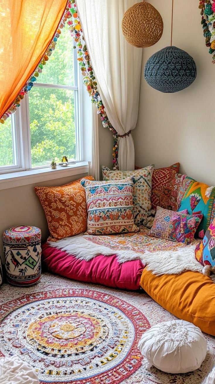20 Gorgeous Boho Bedroom For Teens: Ideas For 2025 16 5. Floor Cushions Corner: Arrange bohemian embroidered floor cushions for a chill hangout spot, emphasizing relaxed luxury-2