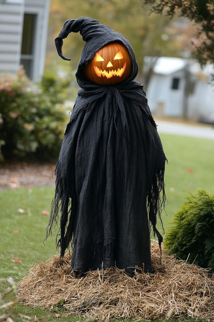 15 Easy DIY Outdoor Halloween Decorations to Try 38 14. Tattered Scarecrow Halloween Decor-2