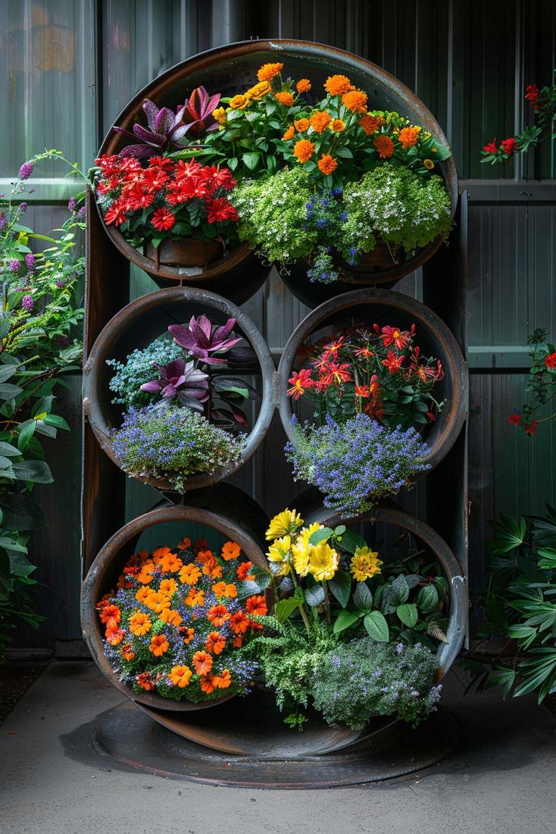 33 Creative DIY Yard Art Ideas You’ll Love To Craft 71 29. Metal Pipe Planters Showcase Yard-2