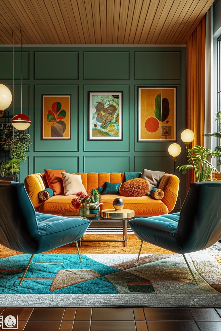18 Colorful Mid Century Modern Living Room Designs 5 1. Vibrant Color-Blocked Sofas Mix