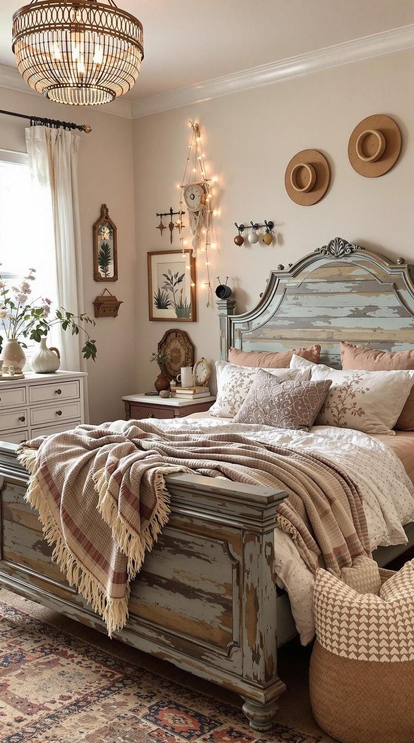 20 Gorgeous Boho Bedroom For Teens: Ideas For 2025 8 3. Vintage Furniture Touches: Incorporate a distressed wooden bed frame and a vintage-inspired dresser to add character and warmth-0