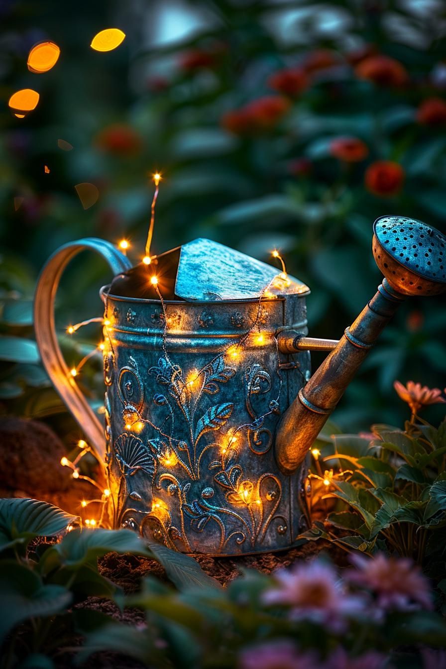 33 Creative DIY Yard Art Ideas You’ll Love To Craft 39 14. Enchanting Watering Can Lighting Display-0