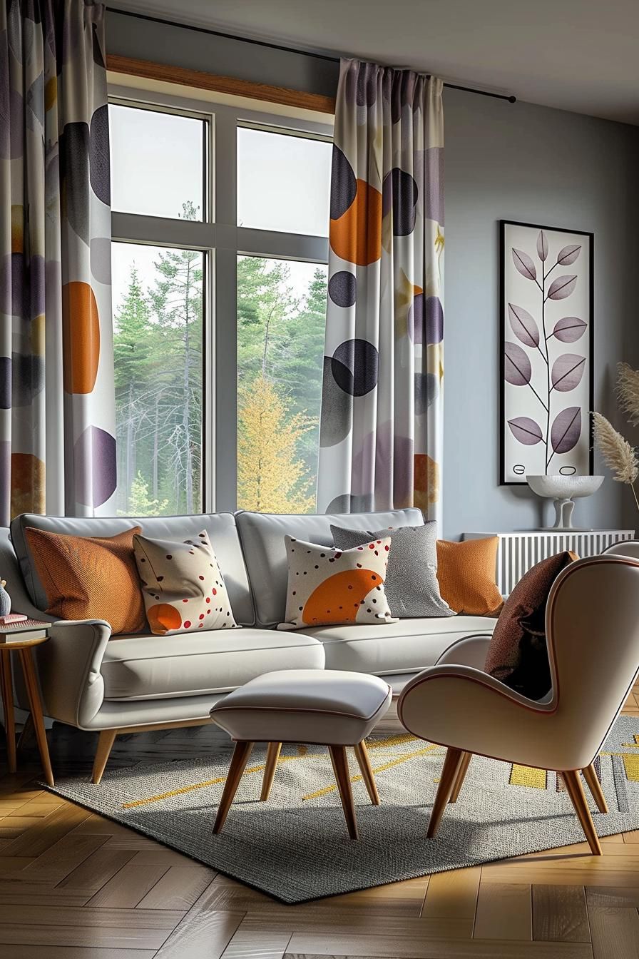 18 Colorful Mid Century Modern Living Room Designs 24 8. Vibrant 50s-Inspired Curtain Selection