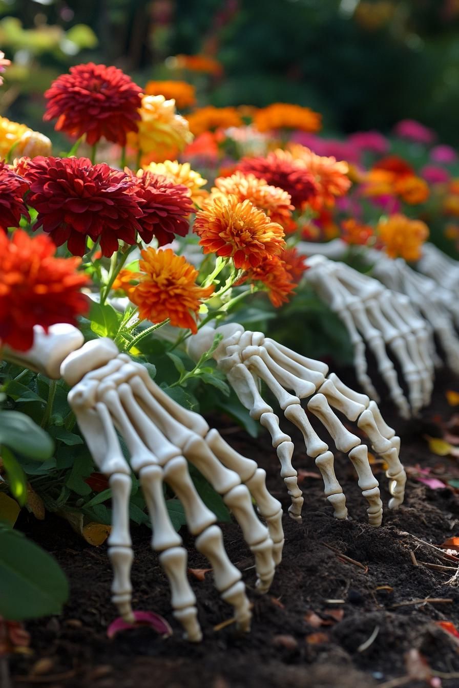 15 Easy DIY Outdoor Halloween Decorations to Try 14 5. Ghoulish Garden Skeleton Hands Display-1