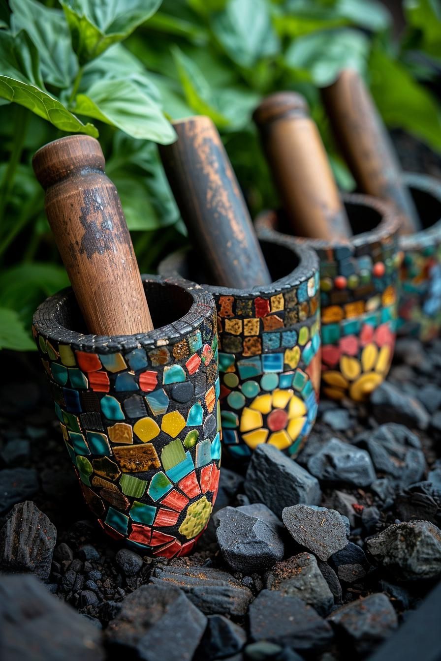 33 Creative DIY Yard Art Ideas You’ll Love To Craft 80 33. Mosaic Garden Tool Decor-1