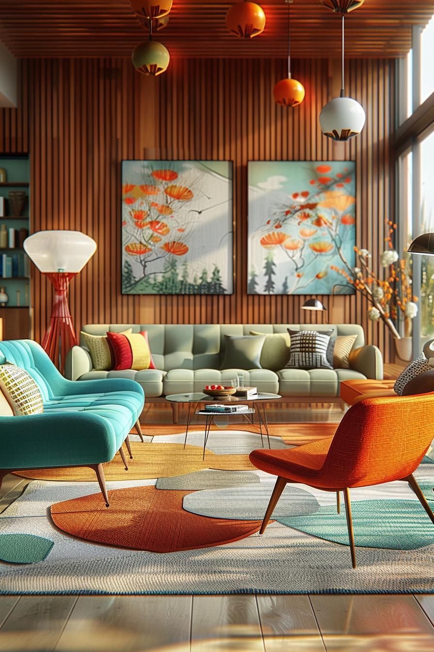 18 Colorful Mid Century Modern Living Room Designs 3 1. Vibrant Color-Blocked Sofas Mix