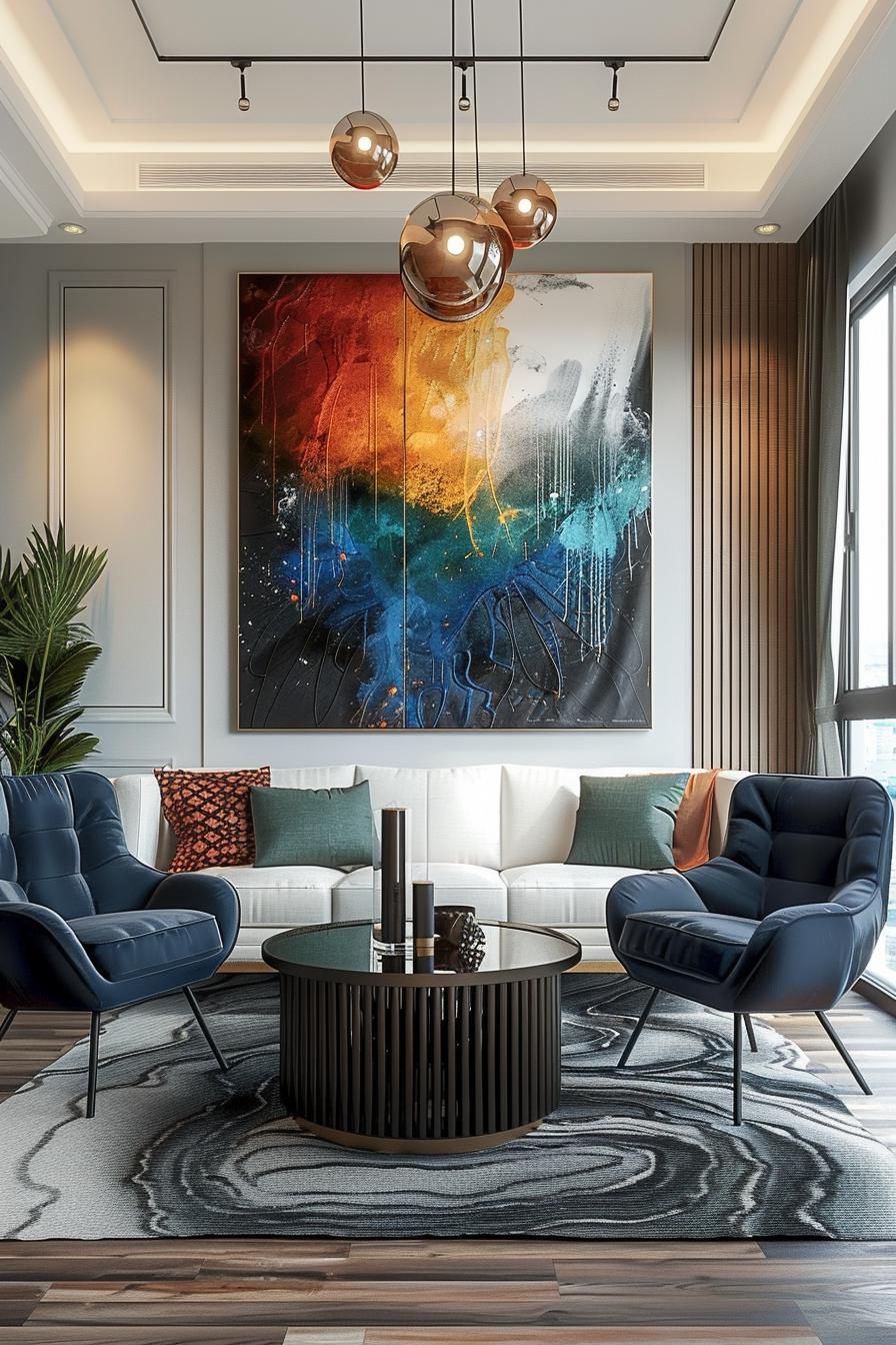 18 Colorful Mid Century Modern Living Room Designs 16 5. Dynamic Colorful Wall Art Installation