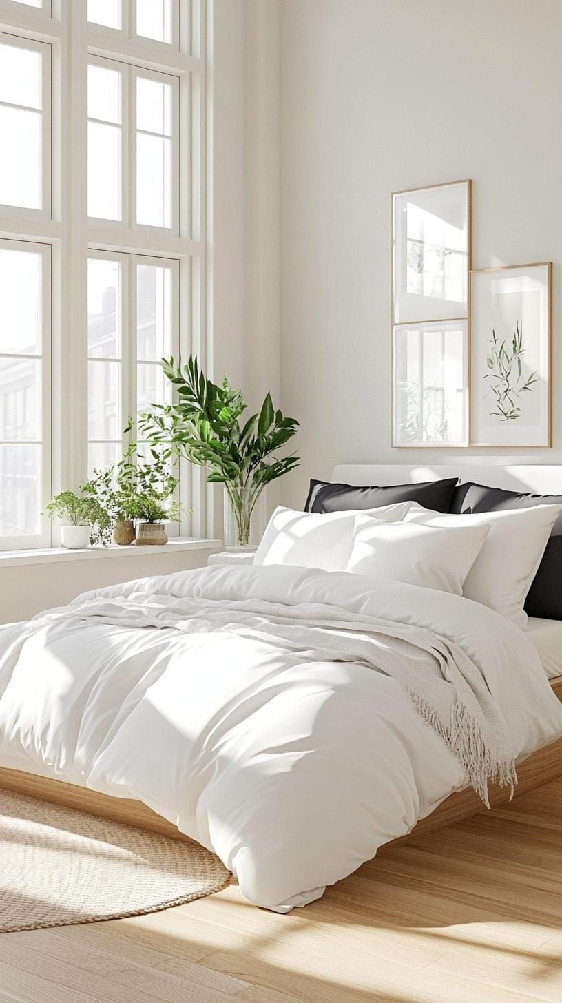 20 New Minimalist Bedroom Ideas to Inspire Your 2025 Refresh 21 6. Nordic Winter Warmth: Use cool whites with deep navy or charcoal to create cozy starkness-1