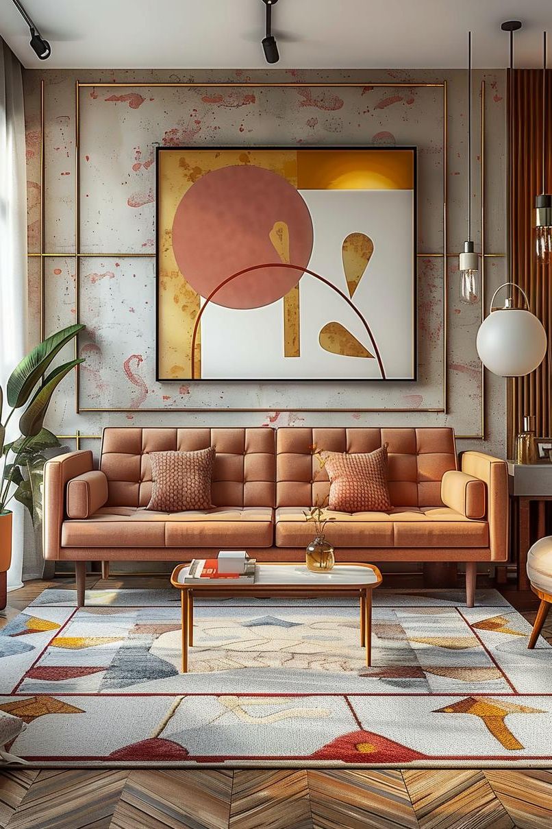 18 Colorful Mid Century Modern Living Room Designs 15 5. Dynamic Colorful Wall Art Installation