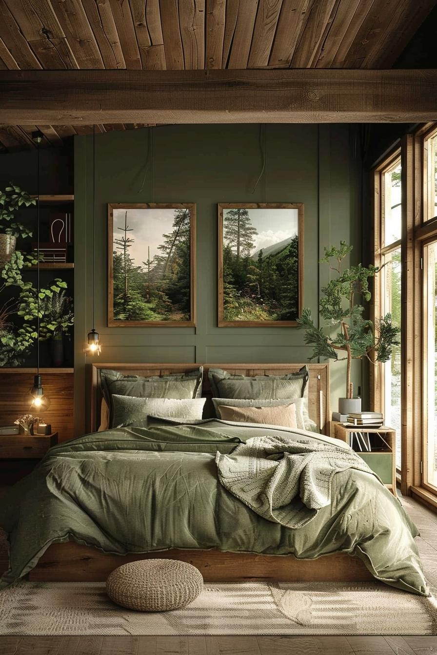 19 Best Earthy Modern Bedroom Ideas for a Cozy Retreat 5 1. Forest Retreat Bedroom Design-2