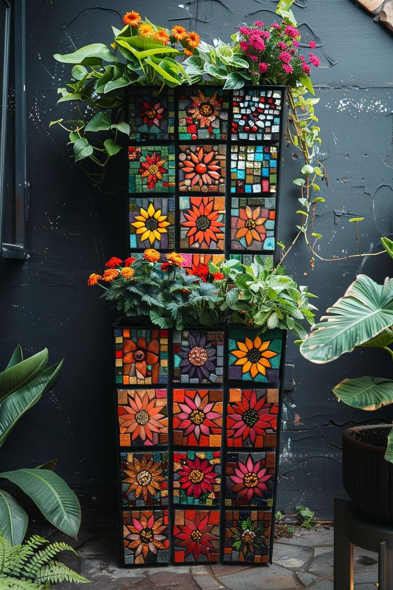 33 Creative DIY Yard Art Ideas You’ll Love To Craft 52 19. Mosaic Vertical Planters for DIY-1