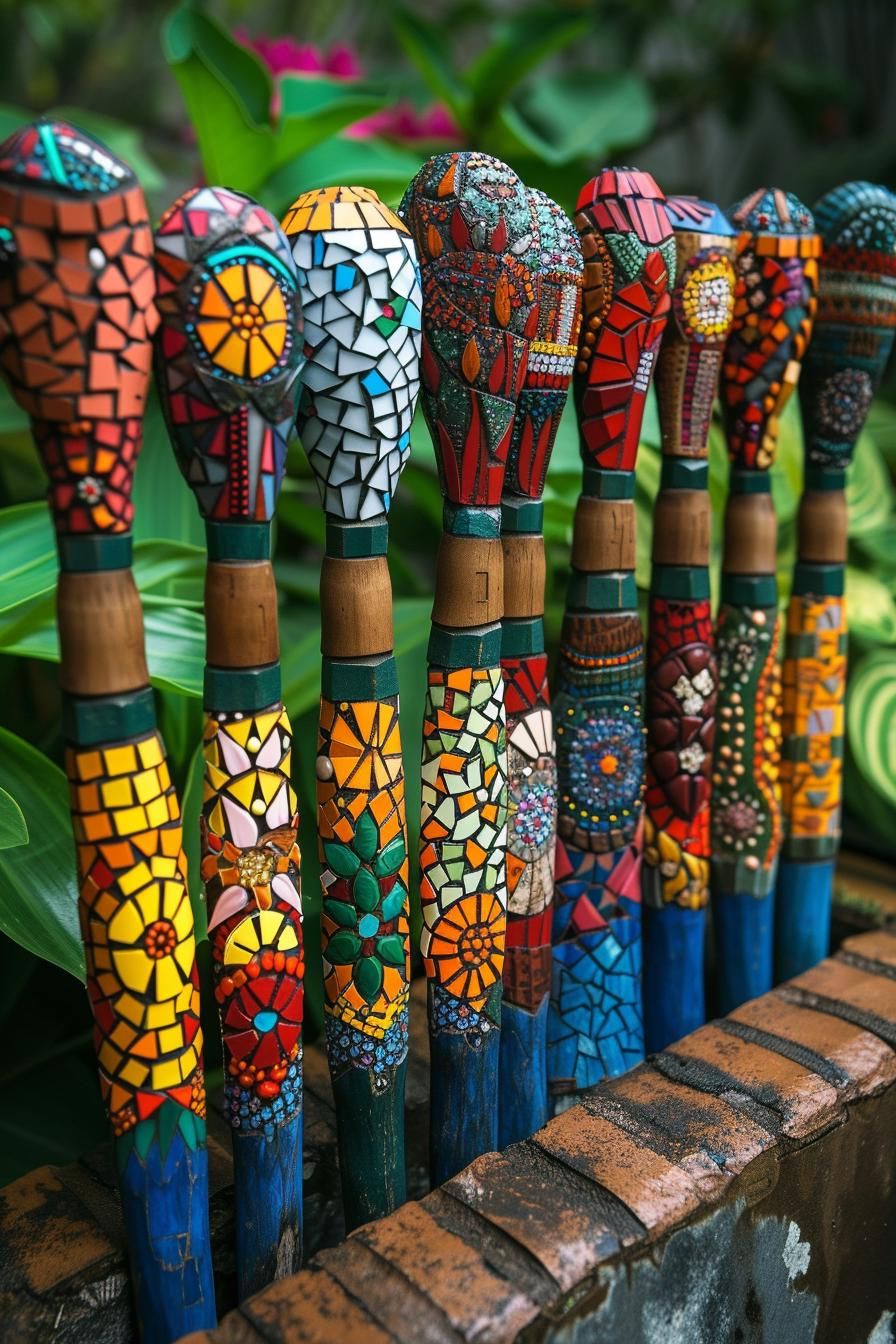 33 Creative DIY Yard Art Ideas You’ll Love To Craft 81 33. Mosaic Garden Tool Decor-2