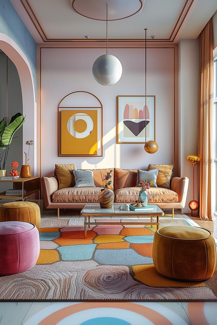 18 Colorful Mid Century Modern Living Room Designs 44 15. Vibrant Ottoman Selection: Playful Choices
