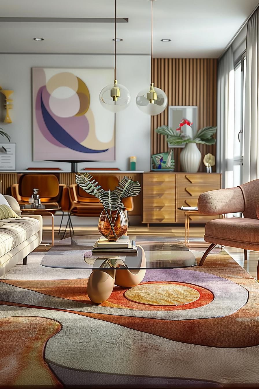 18 Colorful Mid Century Modern Living Room Designs 6 2. Vibrant Geometric Rug Selections