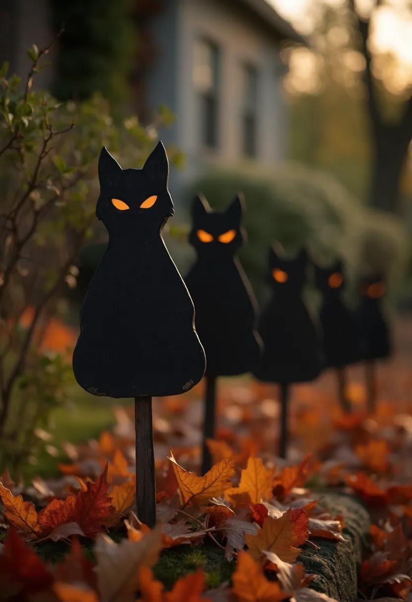 15 Easy DIY Outdoor Halloween Decorations to Try 7 3. Feline-Centric Yard Stakes-0