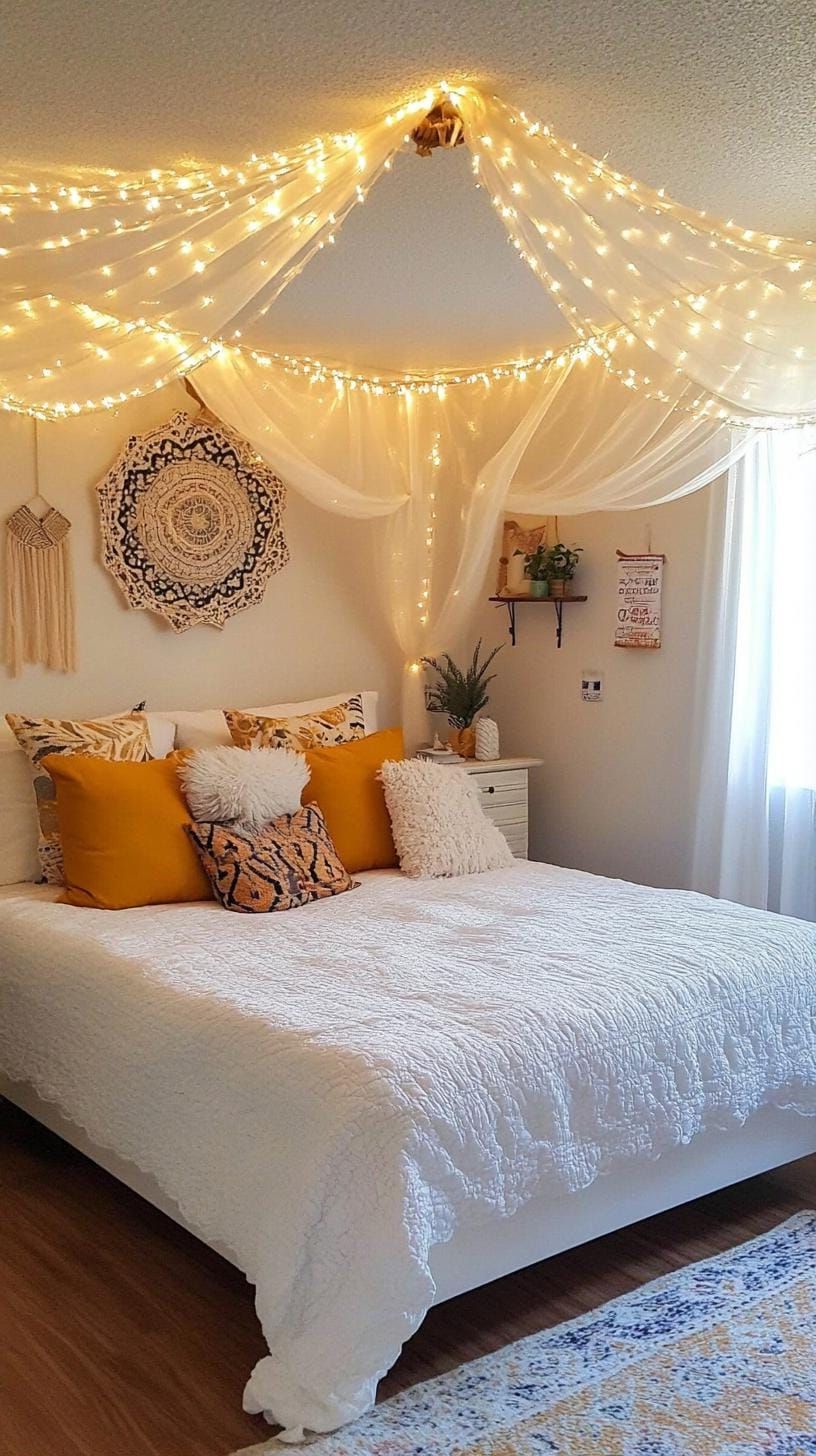 20 Gorgeous Boho Bedroom For Teens: Ideas For 2025 12 4. Canopy Dreamscape: Create a dreamy ambiance with a sheer canopy draped over the bed and twinkling fairy lights intertwined-1