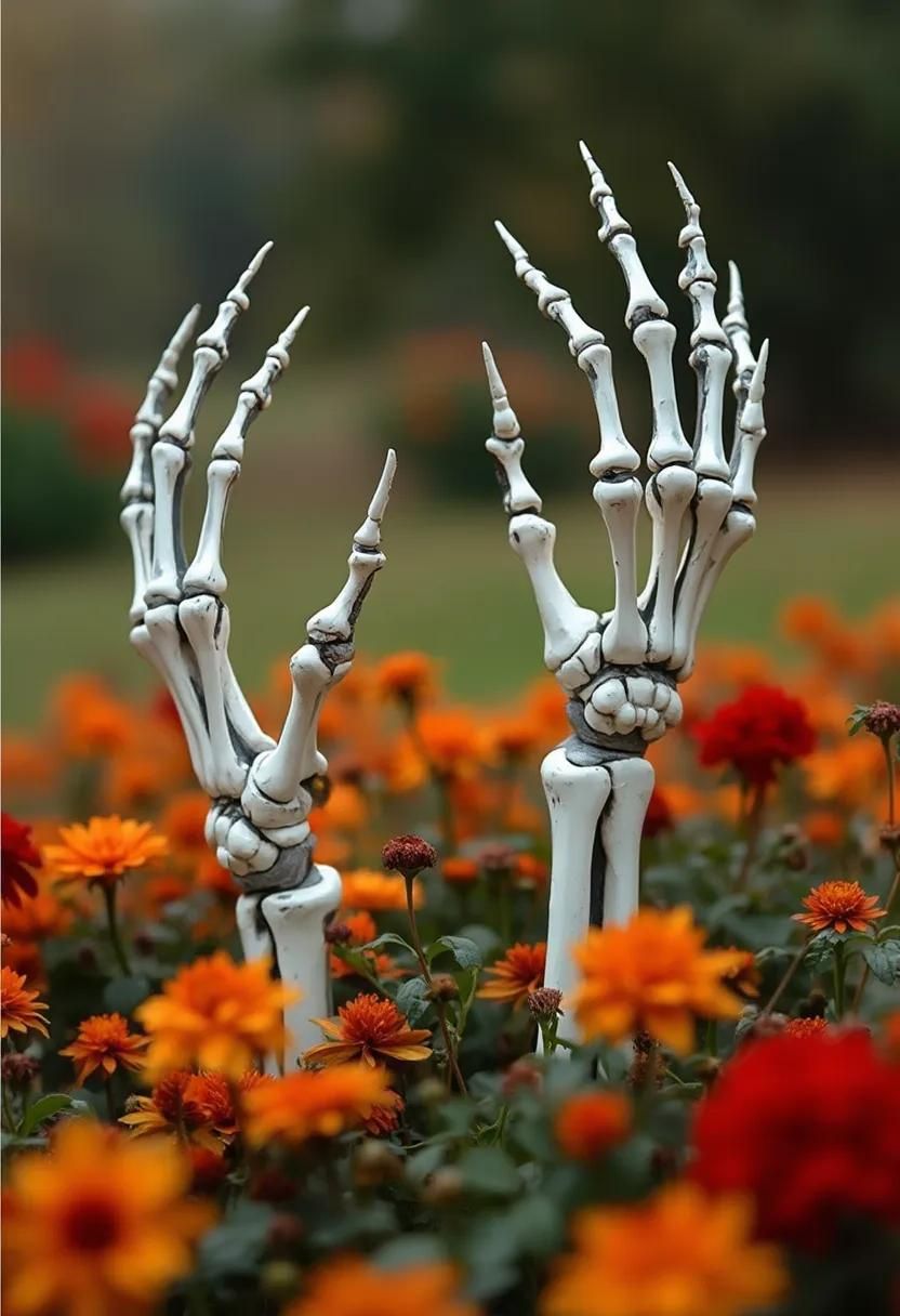 15 Easy DIY Outdoor Halloween Decorations to Try 13 5. Ghoulish Garden Skeleton Hands Display-0