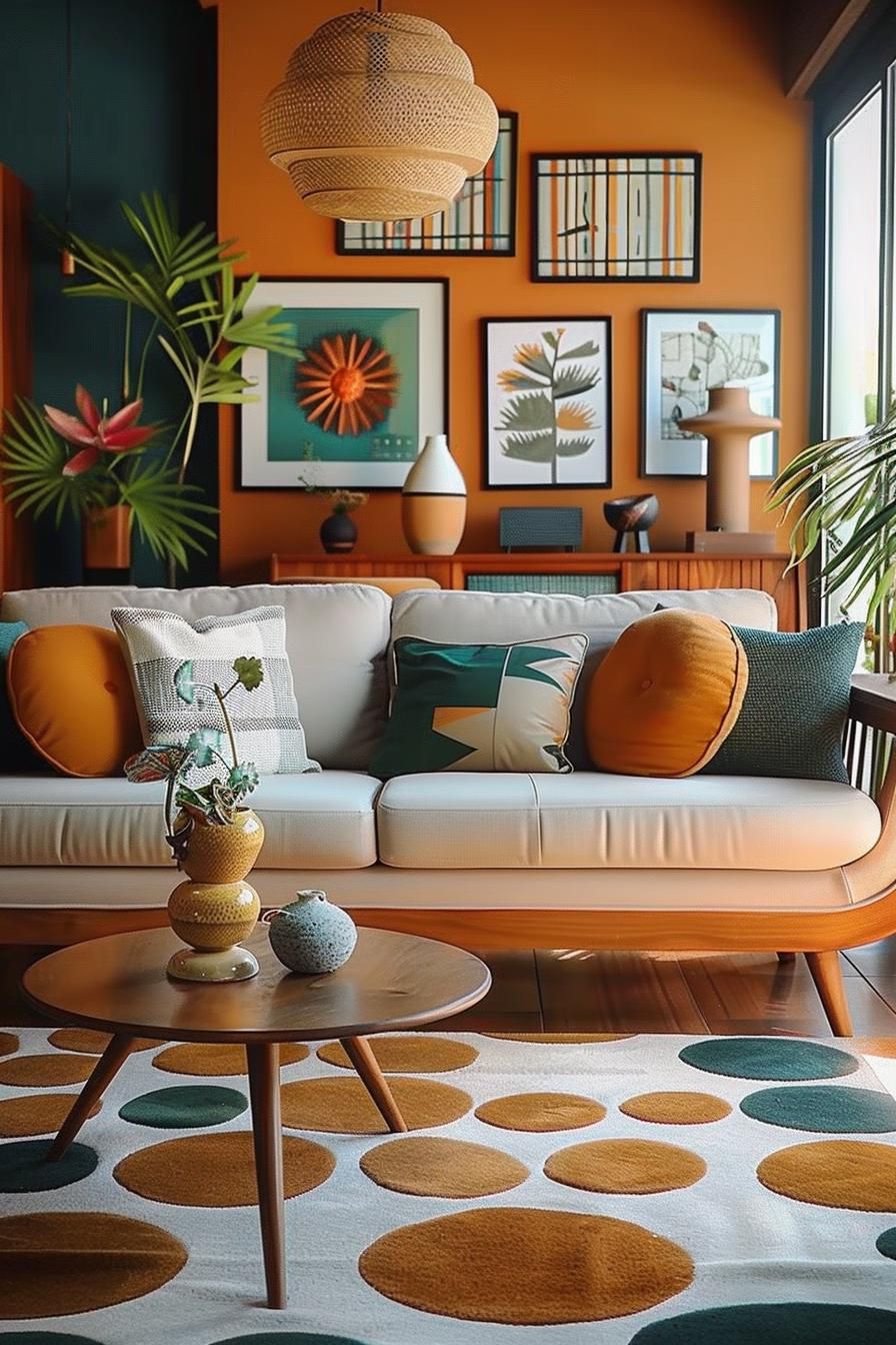 18 Colorful Mid Century Modern Living Room Designs 32 11. Vibrant Wood Furniture Pairings
