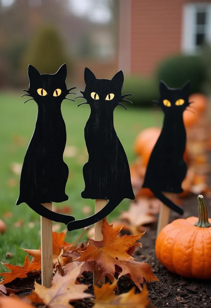 15 Easy DIY Outdoor Halloween Decorations to Try 8 3. Feline-Centric Yard Stakes-1