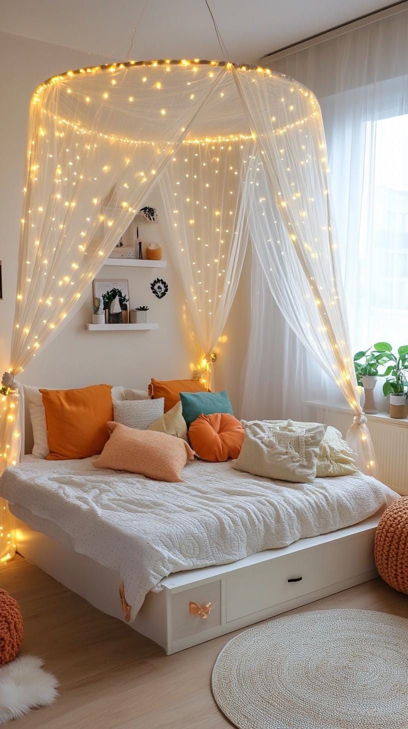 20 Gorgeous Boho Bedroom For Teens: Ideas For 2025 11 4. Canopy Dreamscape: Create a dreamy ambiance with a sheer canopy draped over the bed and twinkling fairy lights intertwined-0